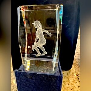 3d laser etched crystal glass paperweight Female Tennis Player w/Original Box